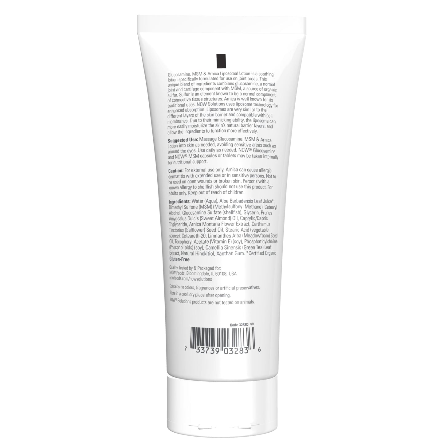 Now Foods joint care liposome lotion 8 Ounce tube showing key ingredients list.