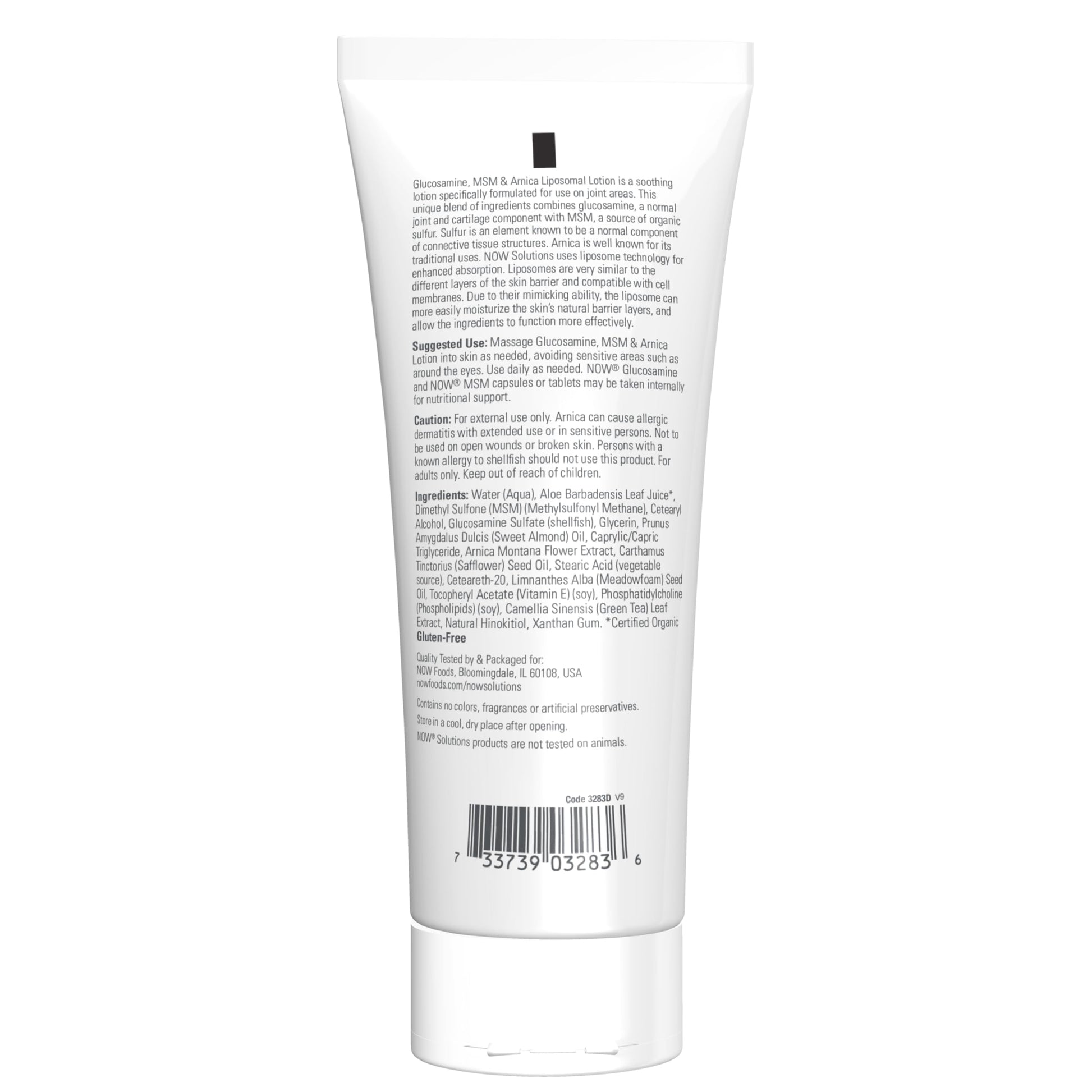 Now Foods joint care liposome lotion 8 Ounce tube showing key ingredients list.