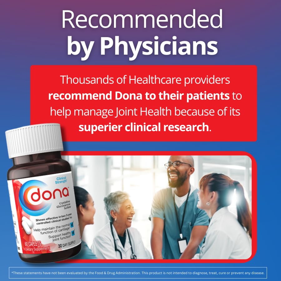 Dona 750mg crystalline glucosamine 60 count supplement bottle top angle view