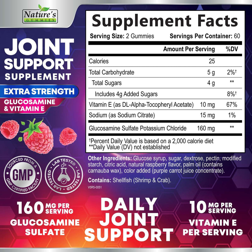 Nature's Nutrition joint support gummies nutrition facts and supplement label