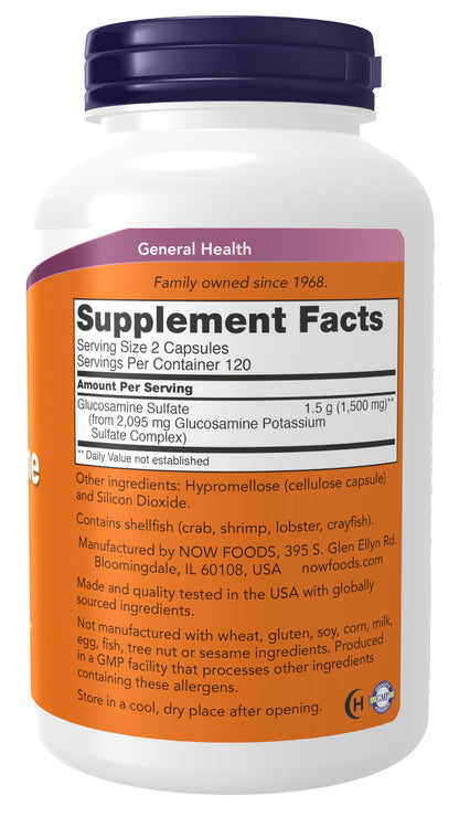 Side label of NOW Foods Glucosamine Sulfate showing supplement facts and shellfish allergen information