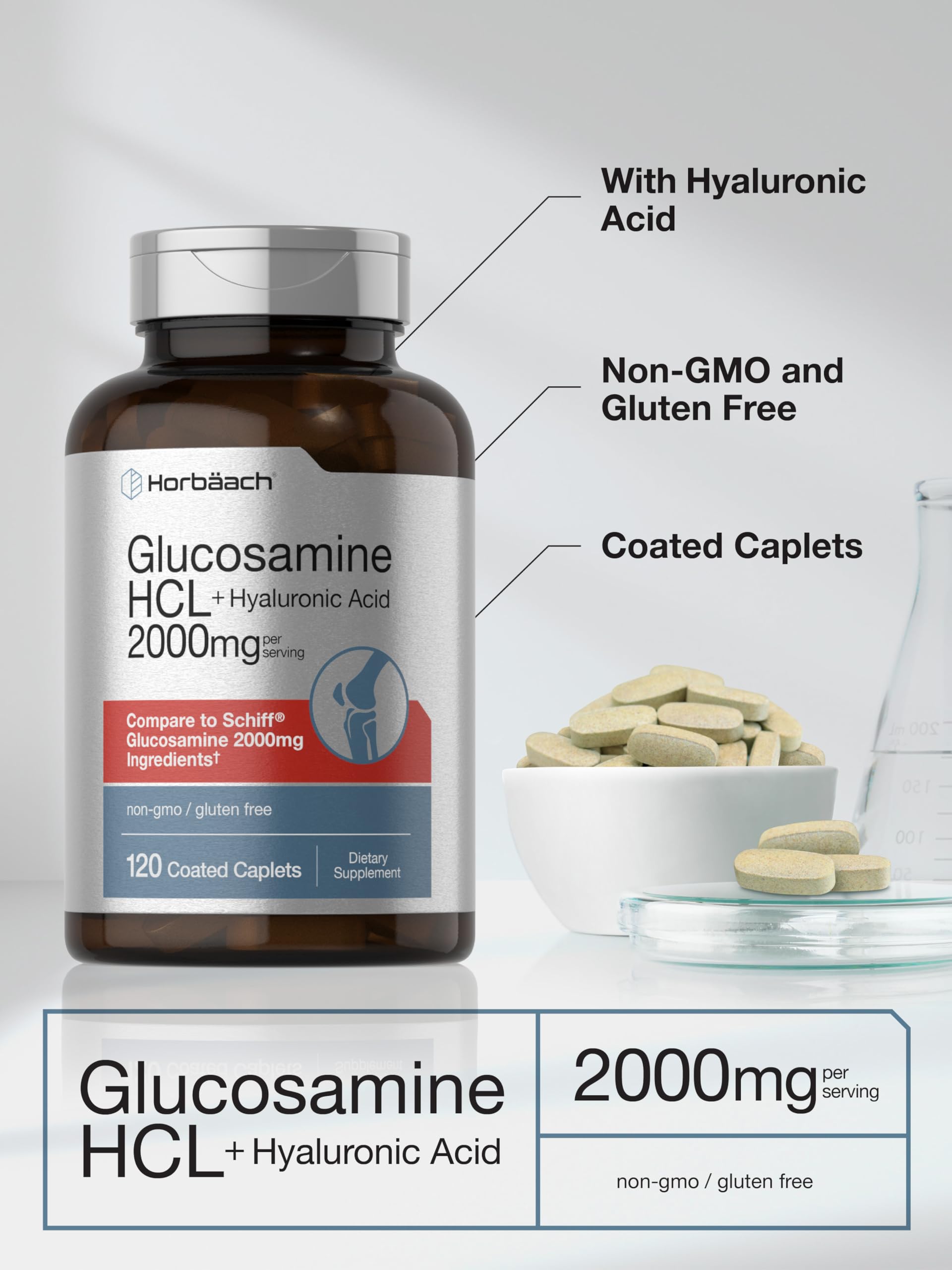 Non GMO and gluten free certification labels on Horbäach joint lubrication dietary supplement