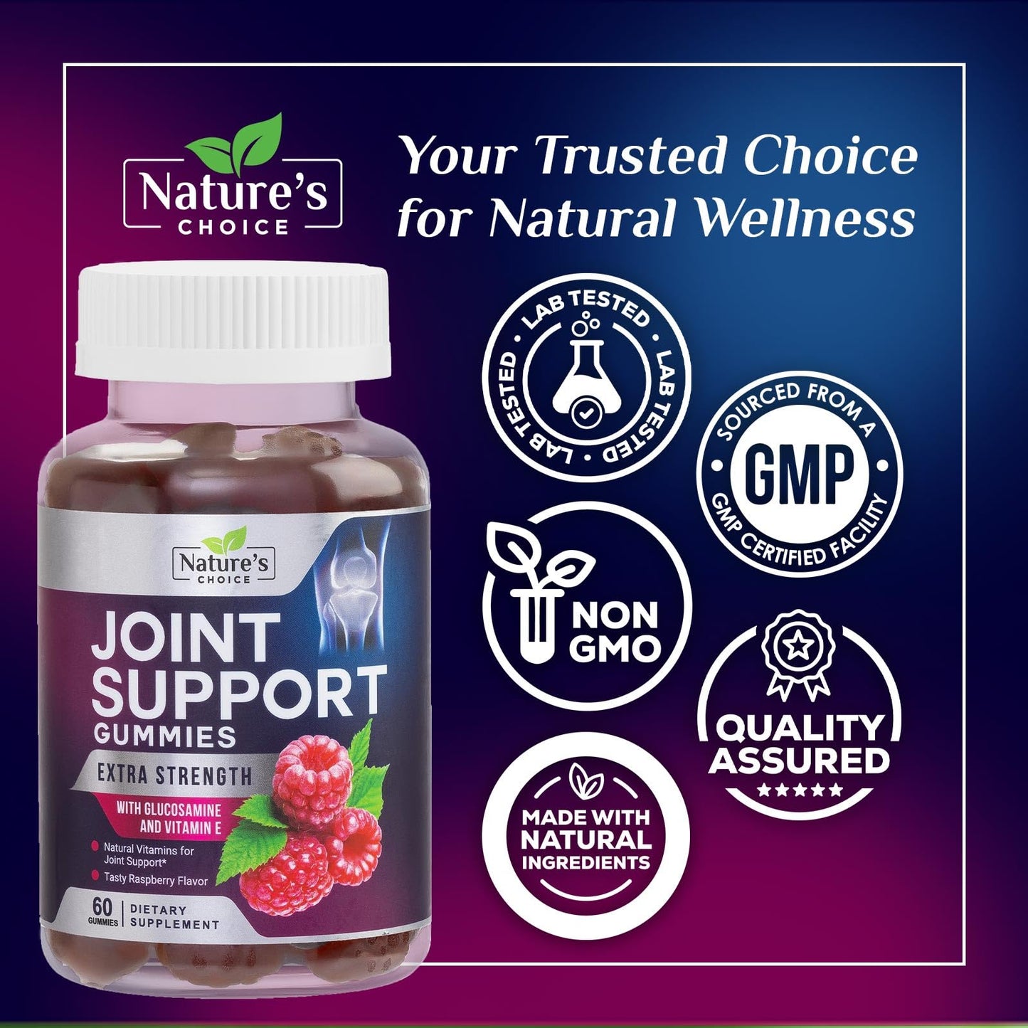 Side profile of USA imported Nature's Choice Glucosamine bottle showing shellfish allergen warning