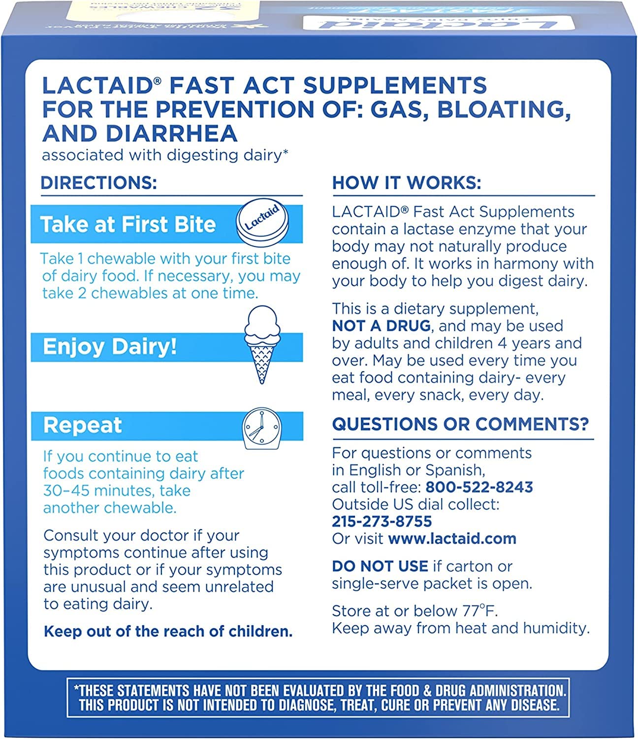 Lactaid Fast Act Vanilla Twist supplement box with clinical dosage information