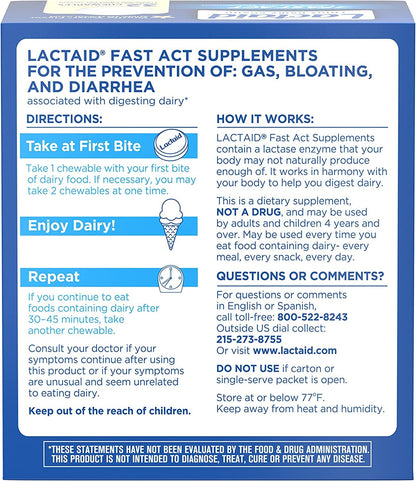 Lactaid Fast Act Vanilla Twist supplement box with clinical dosage information