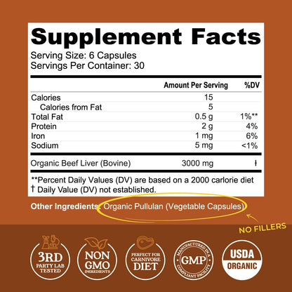 Left Coast beef liver 180 capsules supplement bottle label