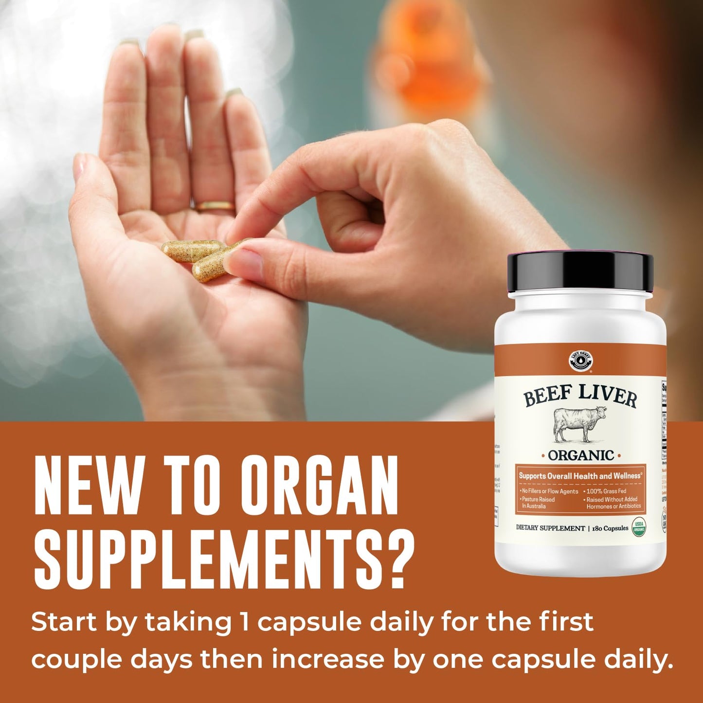 Grass fed beef liver supplement USDA organic seal detail