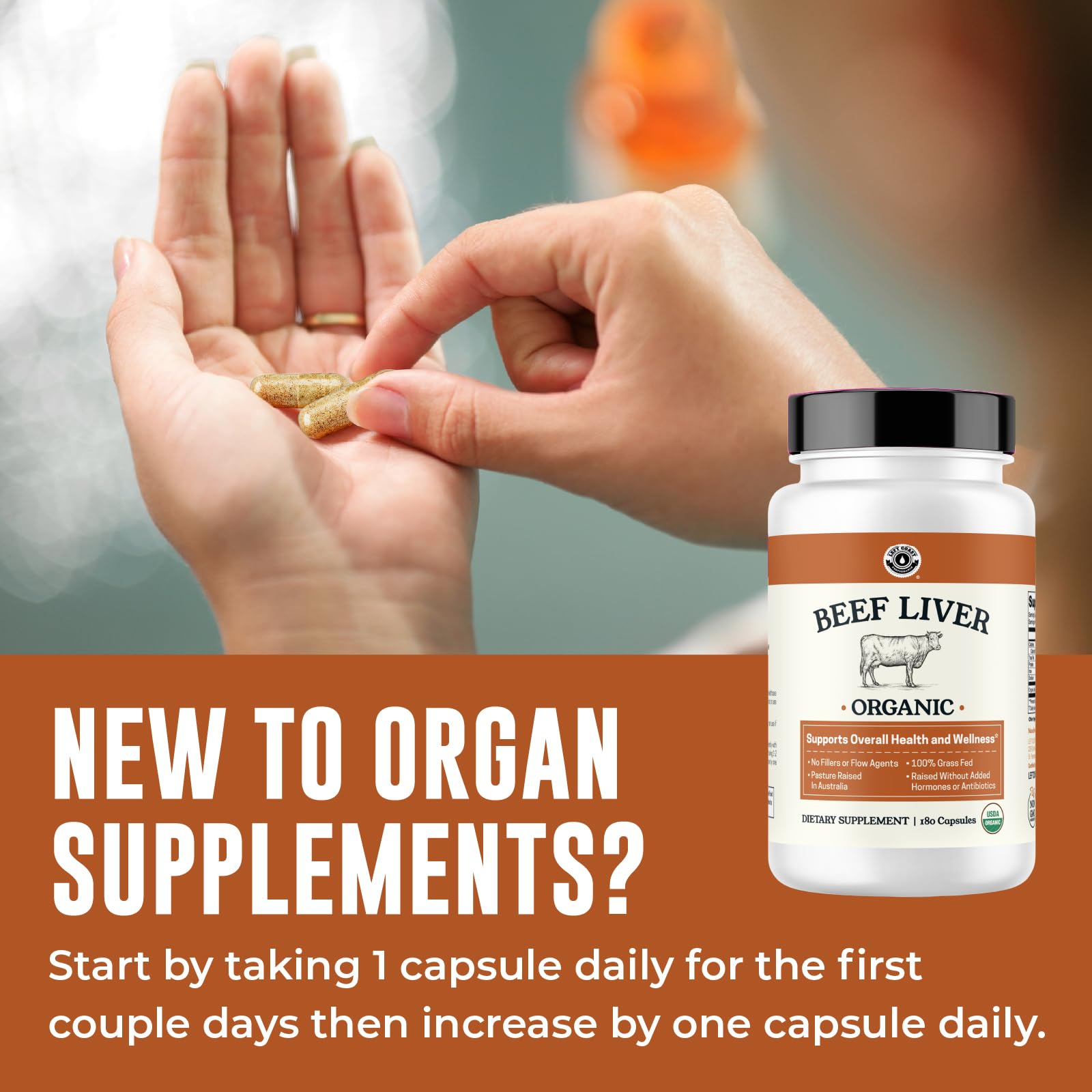 Grass fed beef liver supplement USDA organic seal detail