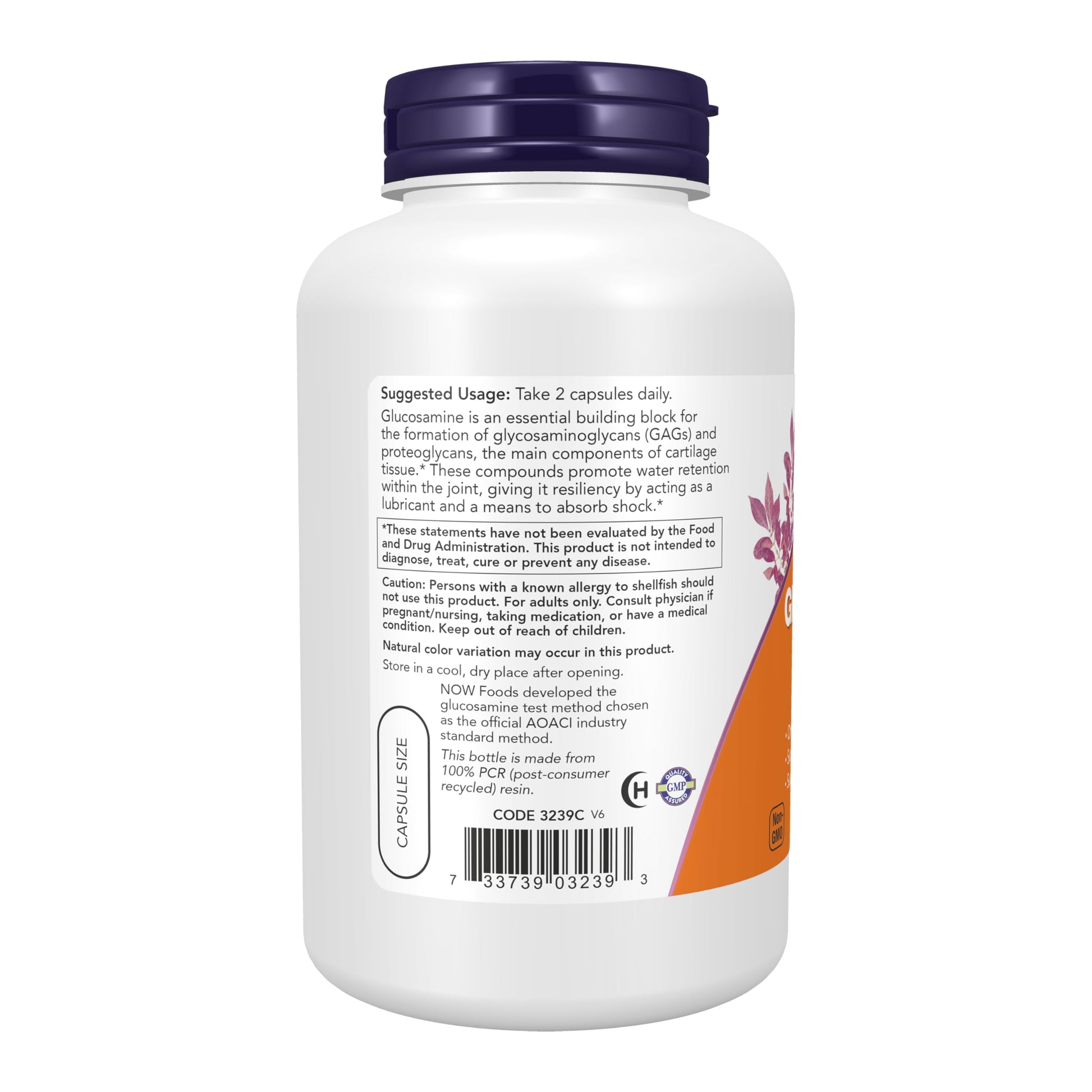 Side view of NOW Foods Glucosamine 180 veg capsules bottle