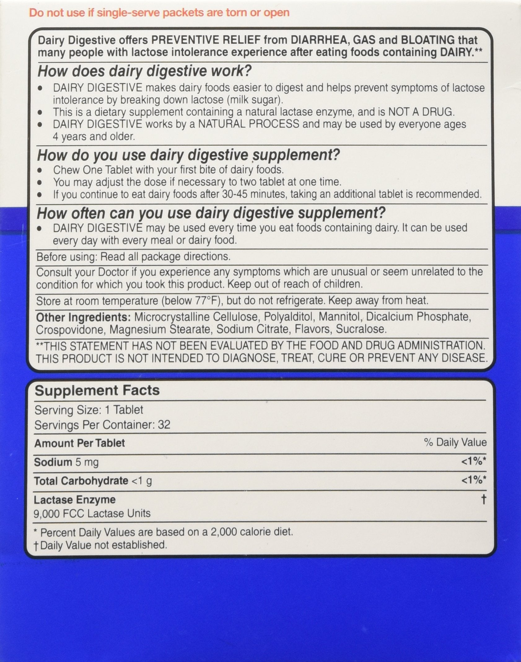 Equate lactase enzyme supplement box back view showing usage directions and dietary facts
