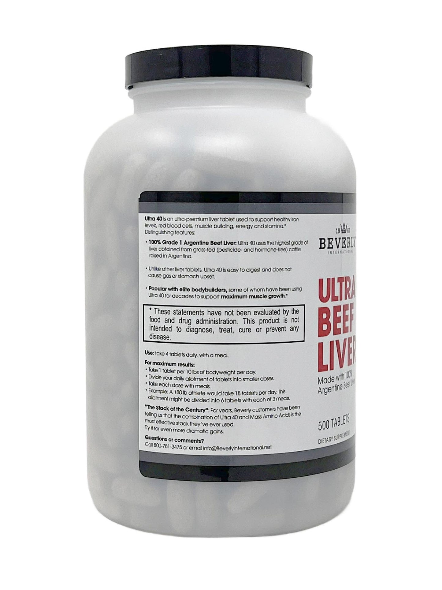 Beverly International Ultra 40 Grass Fed Desiccated Beef Liver supplement facts and ingredients panel