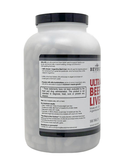 Beverly International Ultra 40 Grass Fed Desiccated Beef Liver supplement facts and ingredients panel
