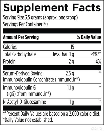 Designs For Health IgGI Shield 30 servings supplement powder label showing ingredients