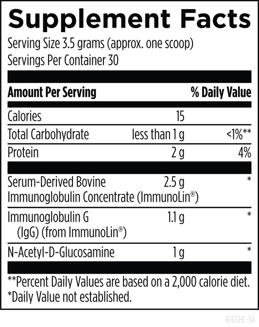 Designs For Health IgGI Shield 30 servings supplement powder label showing ingredients