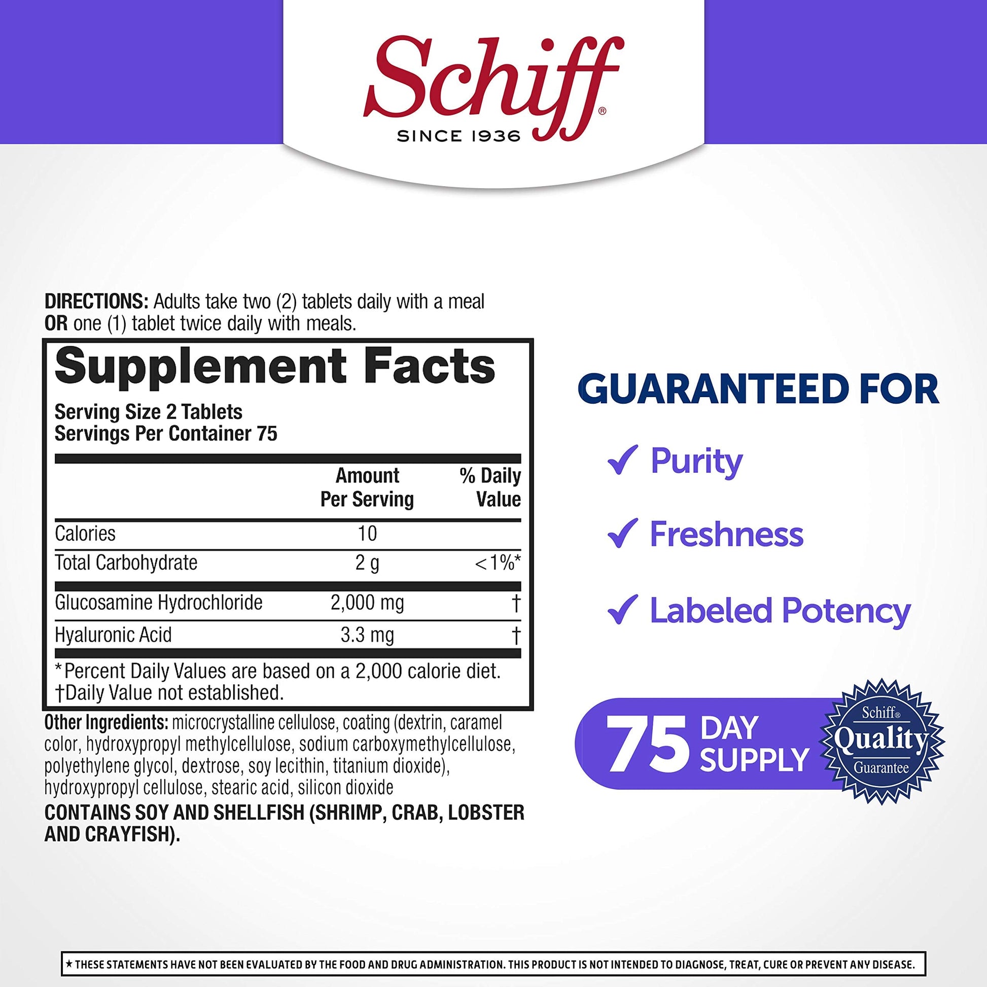 Schiff Glucosamine with Hyaluronic Acid 150 coated tablets dietary supplement facts panel