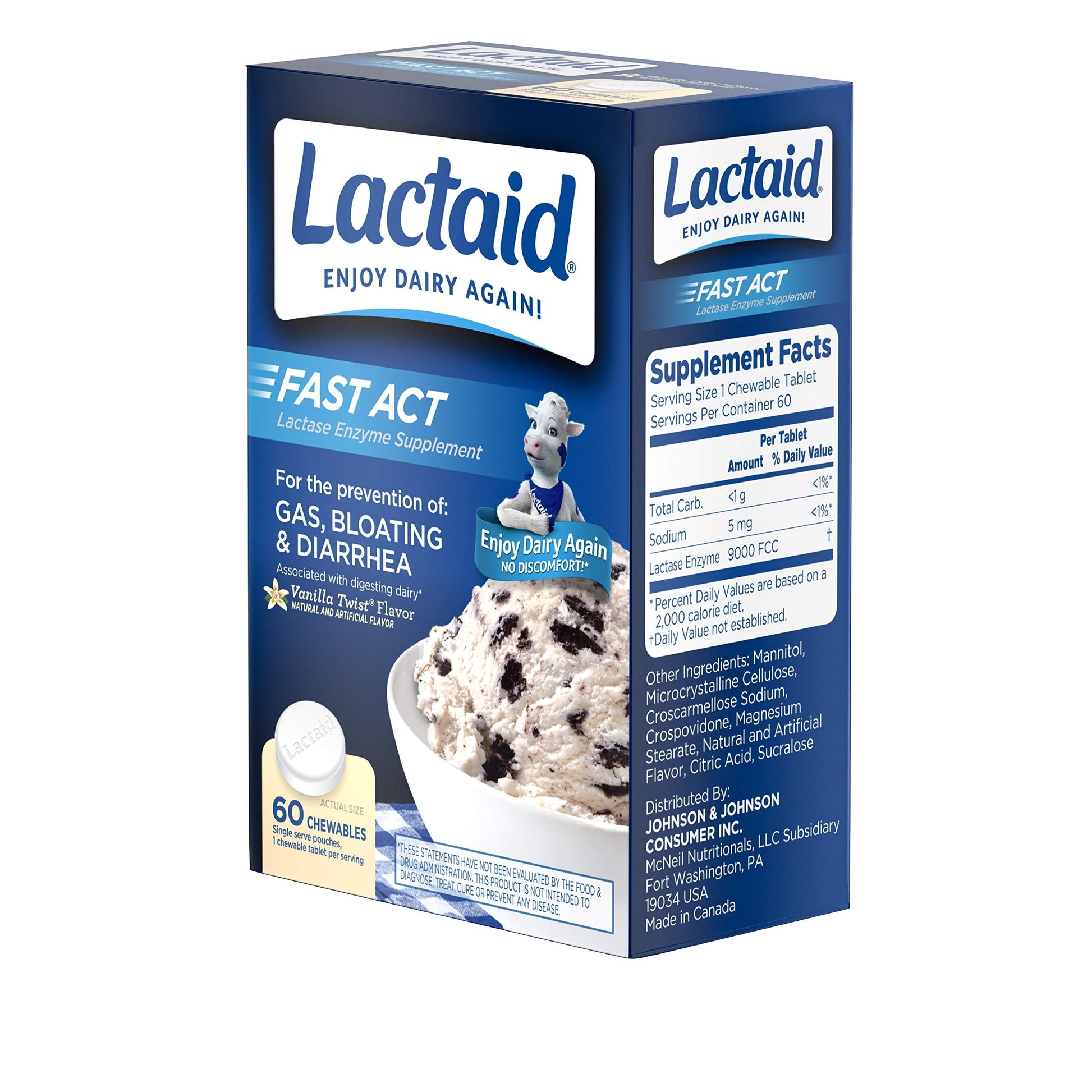 Authentic Lactaid vanilla twist chewables portable packaging layout for travel convenience