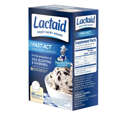 Authentic Lactaid vanilla twist chewables portable packaging layout for travel convenience