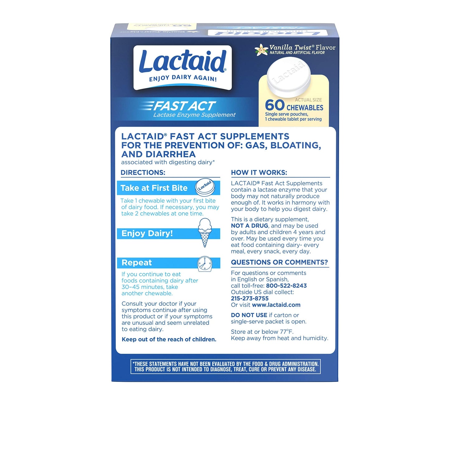 Lactaid lactose relief chewable tablets box back instructions on how to use with dairy