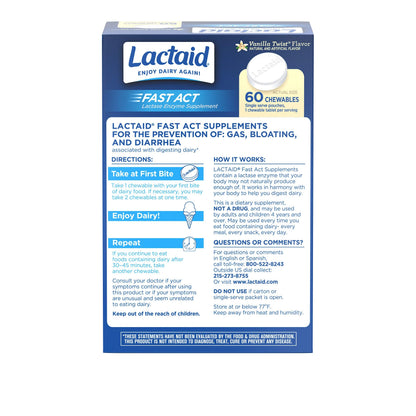 Lactaid lactose relief chewable tablets box back instructions on how to use with dairy