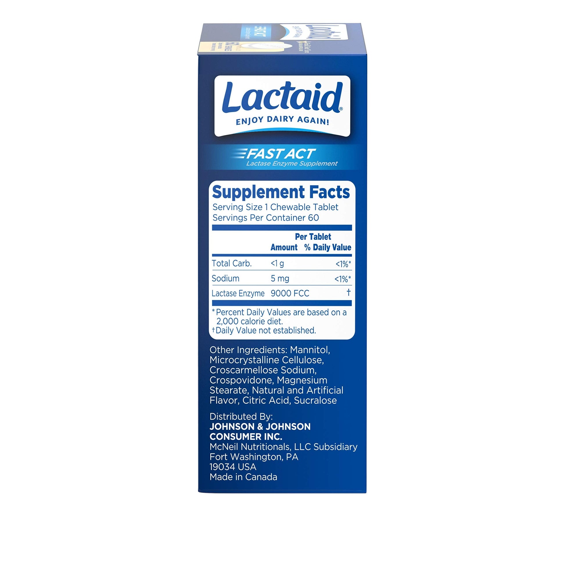Lactaid Fast Act dairy protection tablets displayed on a clean counter top setting