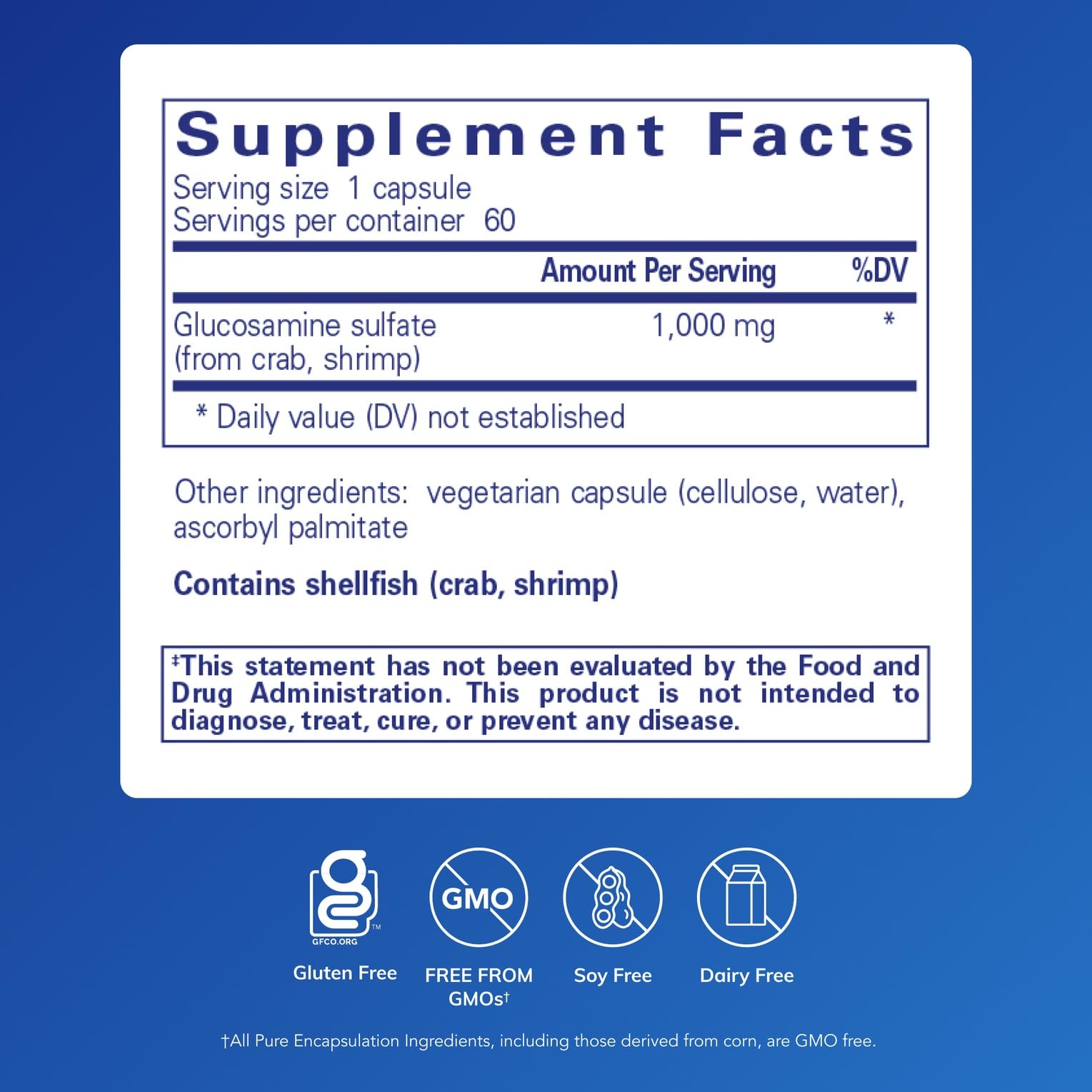 Pure Encapsulations Glucosamine Sulfate 60 capsules supplement facts panel