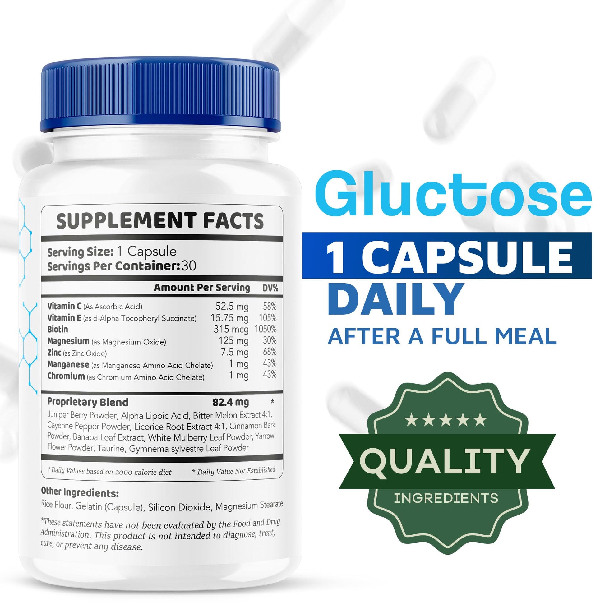 Two bottles of Gluctose maximum strength blood support sixty capsules side-by-side layout.