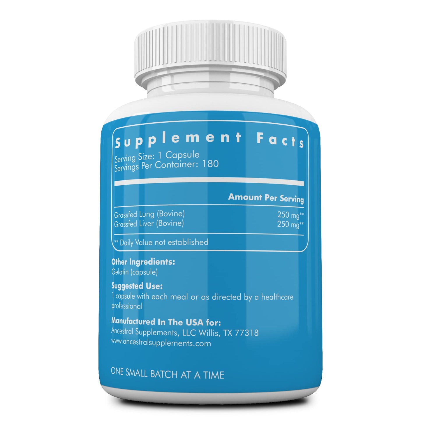 Ancestral Supplements Beef Lung with Liver dietary supplement side label details and ingredient milligrams