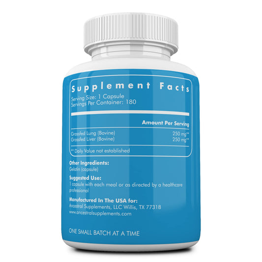 Ancestral Supplements Beef Lung with Liver dietary supplement side label details and ingredient milligrams
