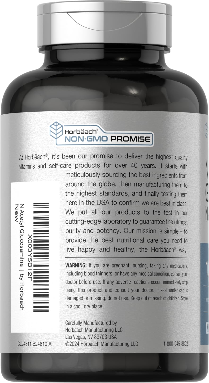 Horbaach joint support capsules side profile showing non-GMO and gluten free logos