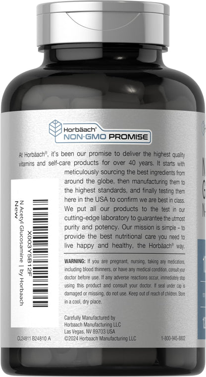 Horbaach joint support capsules side profile showing non-GMO and gluten free logos
