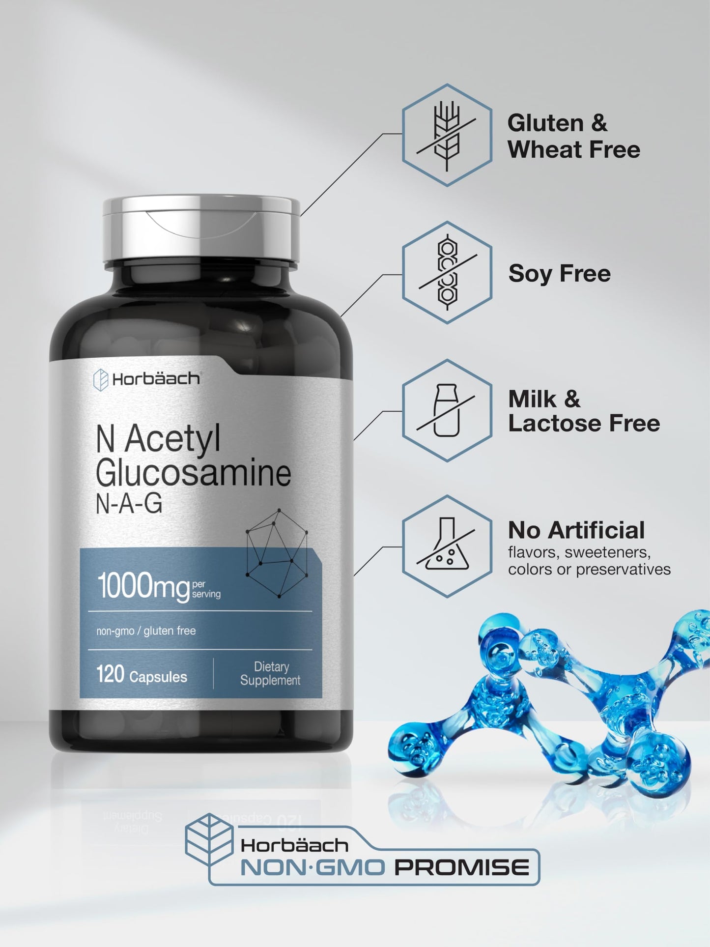 Horbaach N-Acetyl-D-Glucosamine bottle angled view showcasing safety seal and brand text