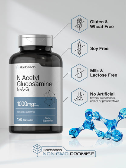 Horbaach N-Acetyl-D-Glucosamine bottle angled view showcasing safety seal and brand text