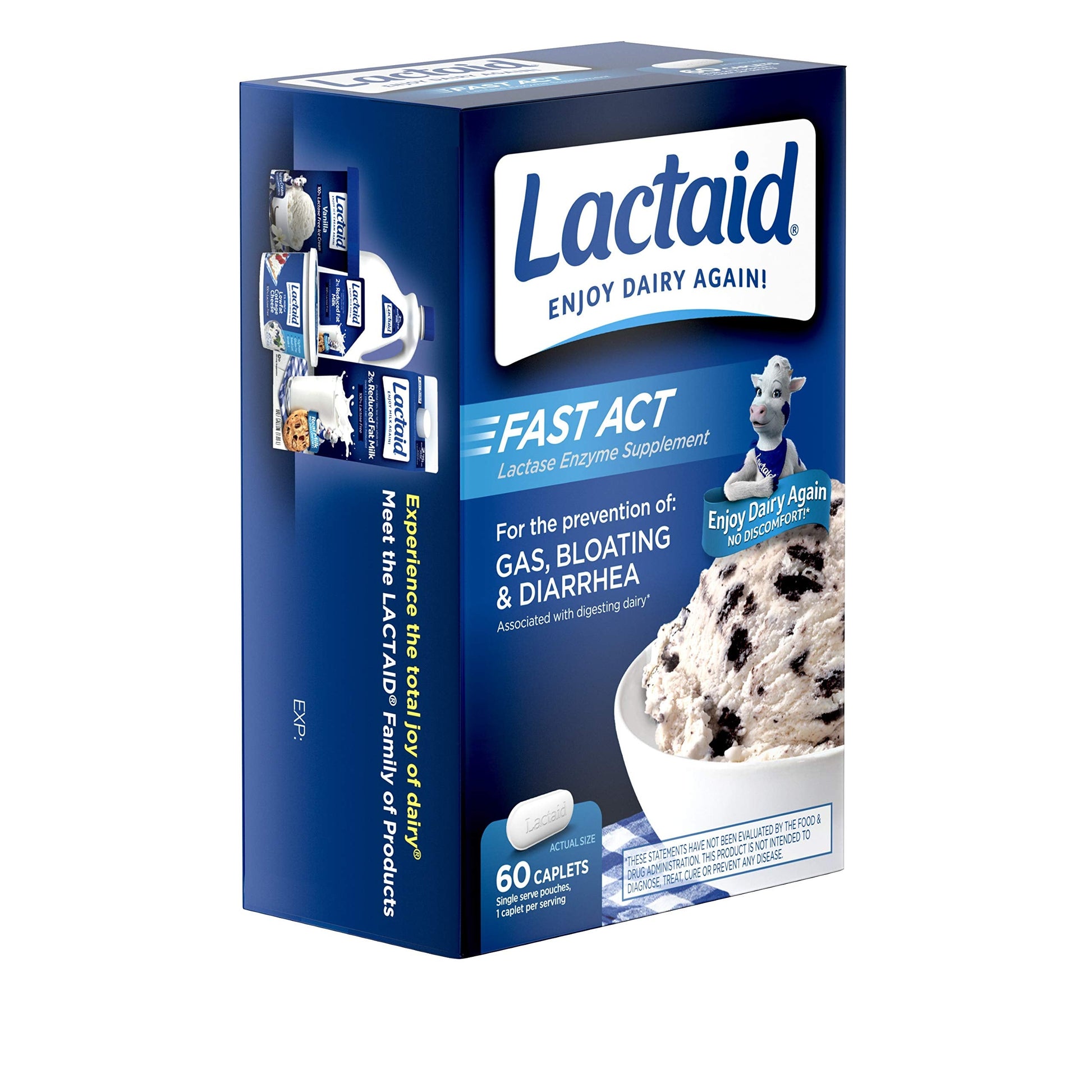 Premium Lactaid lactase enzyme caplets for preventing gas and bloating