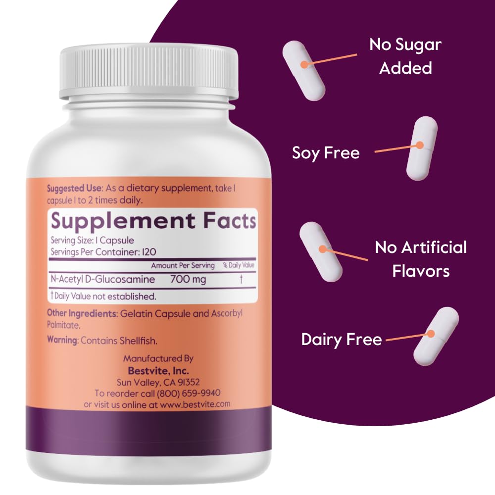 Bestvite N-Acetyl Glucosamine 120 capsules clean label certification display.
