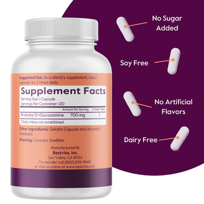 Bestvite N-Acetyl Glucosamine 120 capsules clean label certification display.