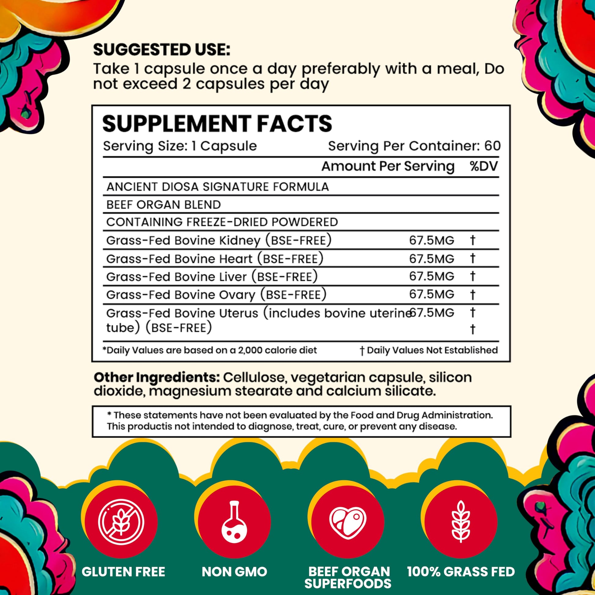 Ancient Diosa beef liver capsules for women showing product label details and ingredient list