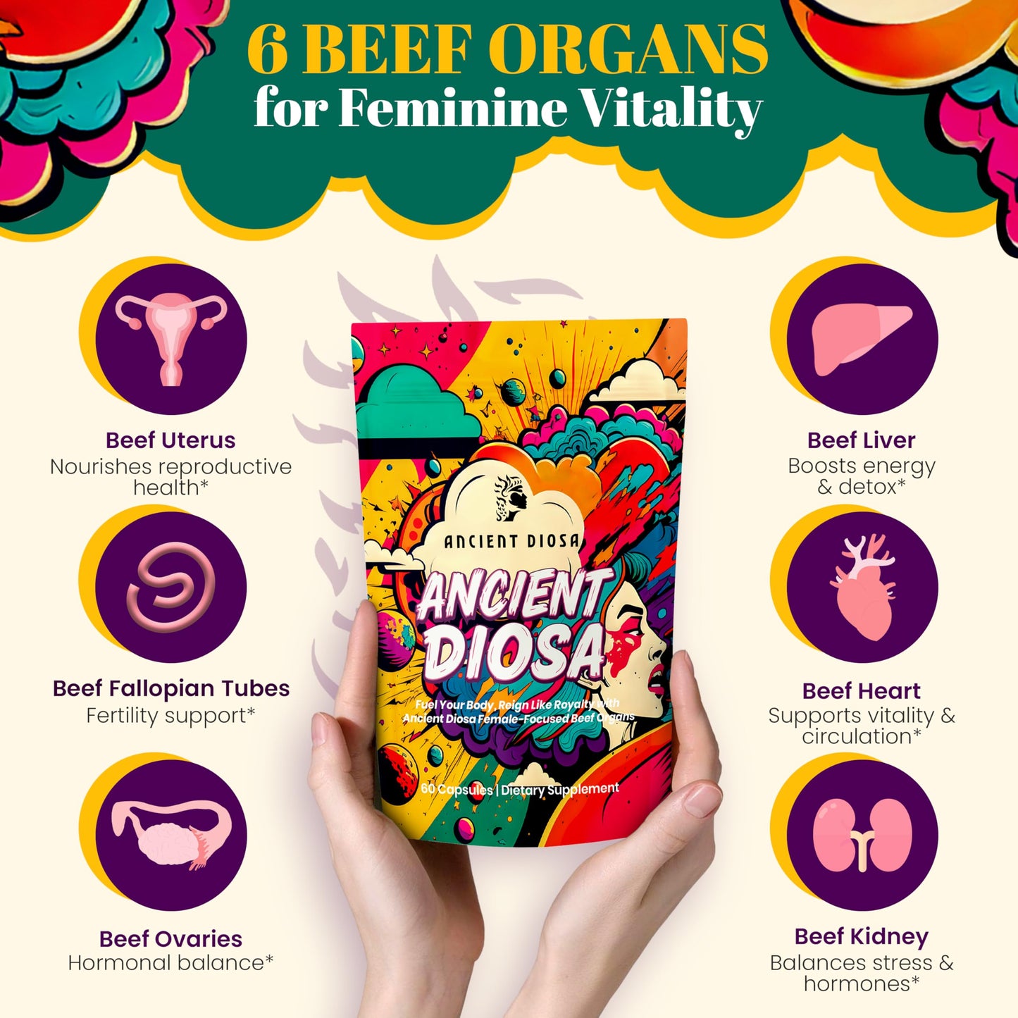 Ancient Diosa grass fed beef organ supplement pouch displaying female wellness benefits