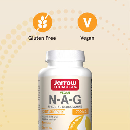 Jarrow Formulas N-A-G capsules displayed next to the premium packaging container