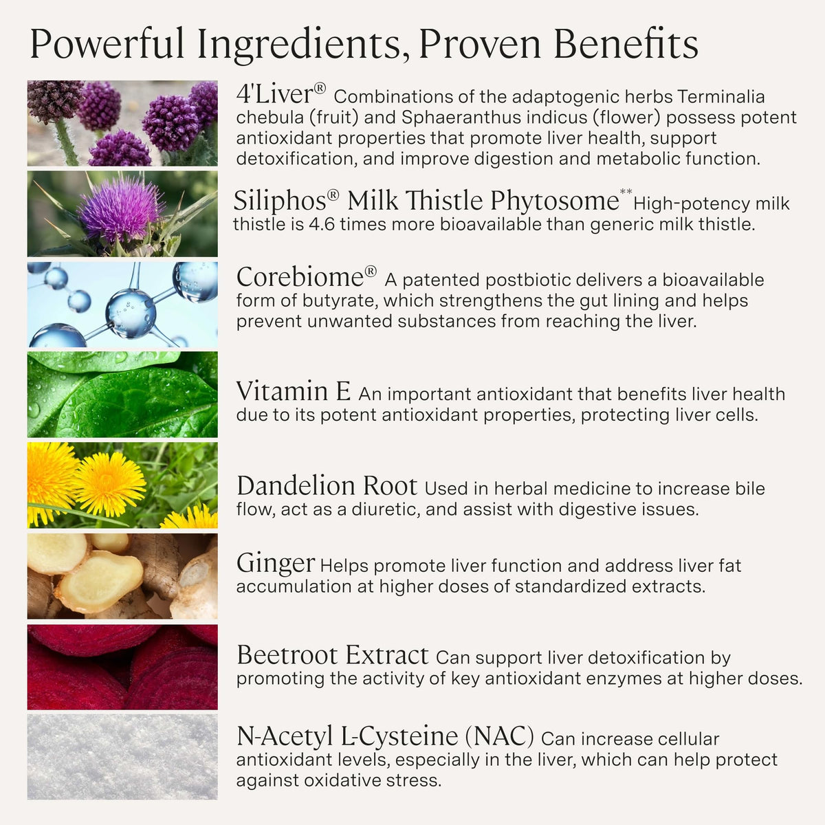 Supplements for liver health featuring Siliphos milk thistle and dandelion root ingredients list.