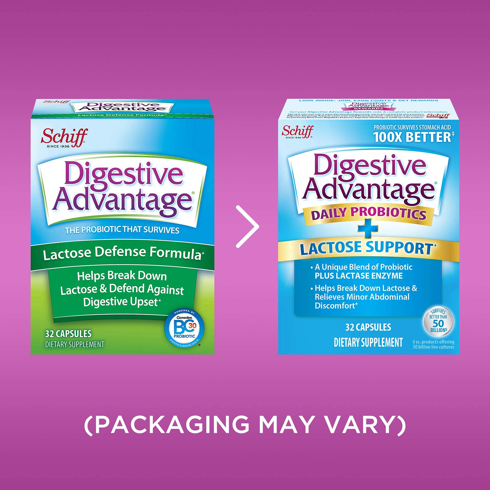 Schiff Digestive Advantage Lactose Defense probiotic supplement pack of four showing brand details