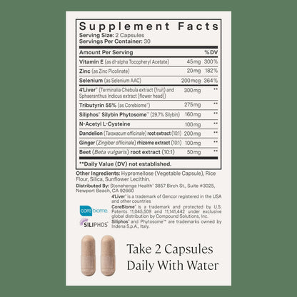 Close-up of the authentic Stonehenge Health liver support supplement bottle highlighting product benefits.