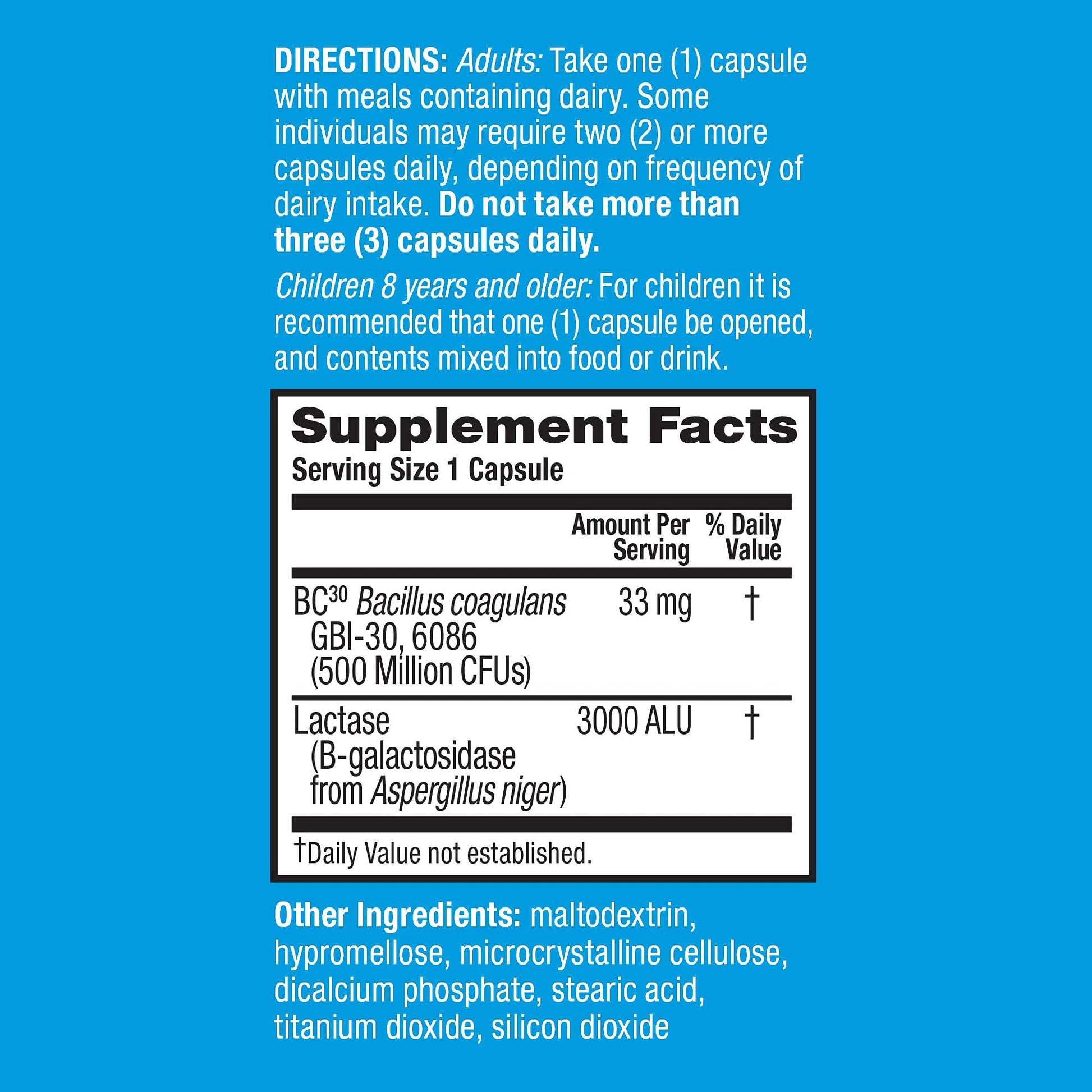 Schiff Digestive Advantage Lactose Defense side label showing ingredients and directions for use
