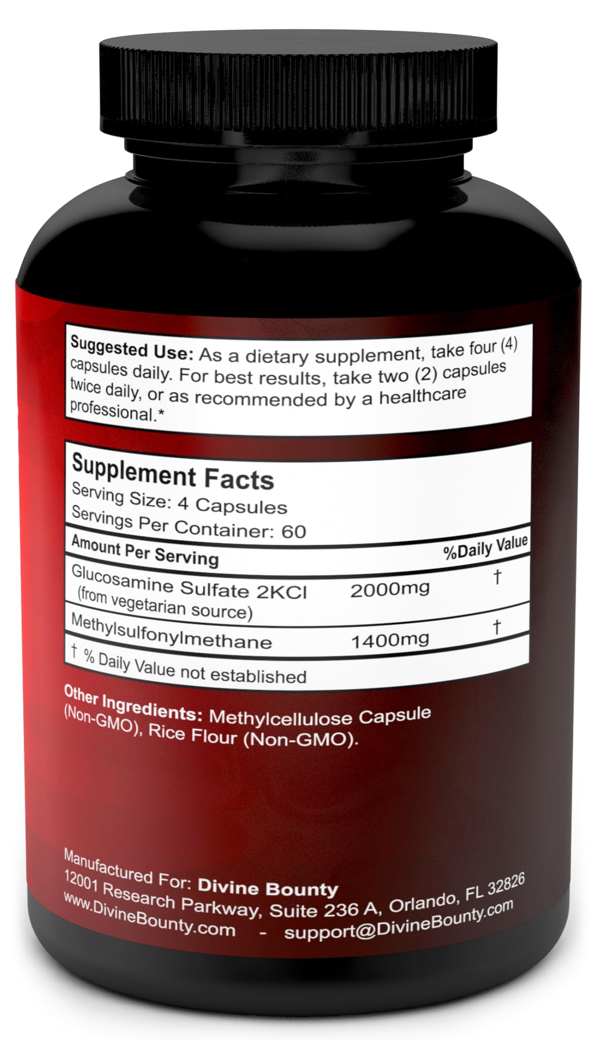 Divine Bounty Glucosamine Sulfate 2000mg and MSM supplement facts label showing ingredients and serving size