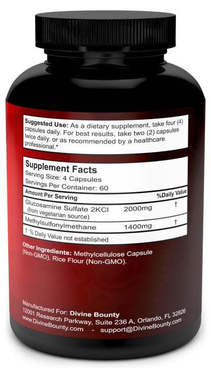 Divine Bounty Glucosamine Sulfate 2000mg and MSM supplement facts label showing ingredients and serving size