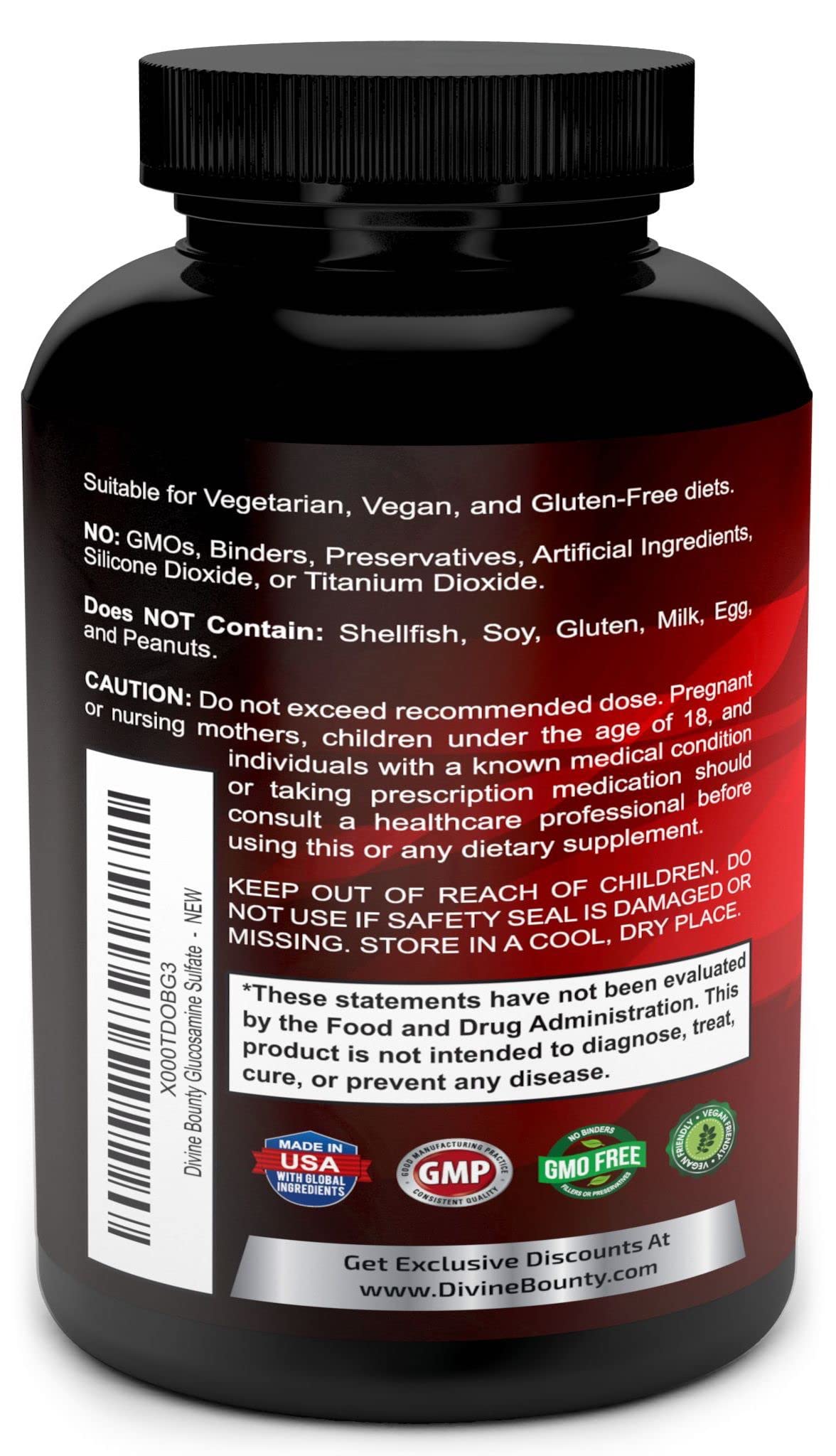 Divine Bounty shellfish free vegetarian glucosamine capsules for joint mobility and cartilage care