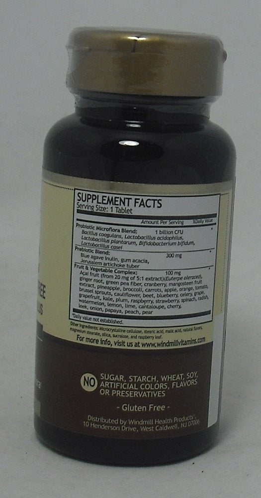 Windmill Probiotic Chewable Tablets side label showing prebiotic and fruit vegetable blend ingredients