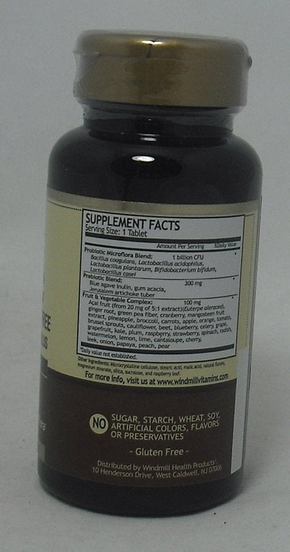 Windmill Probiotic Chewable Tablets side label showing prebiotic and fruit vegetable blend ingredients