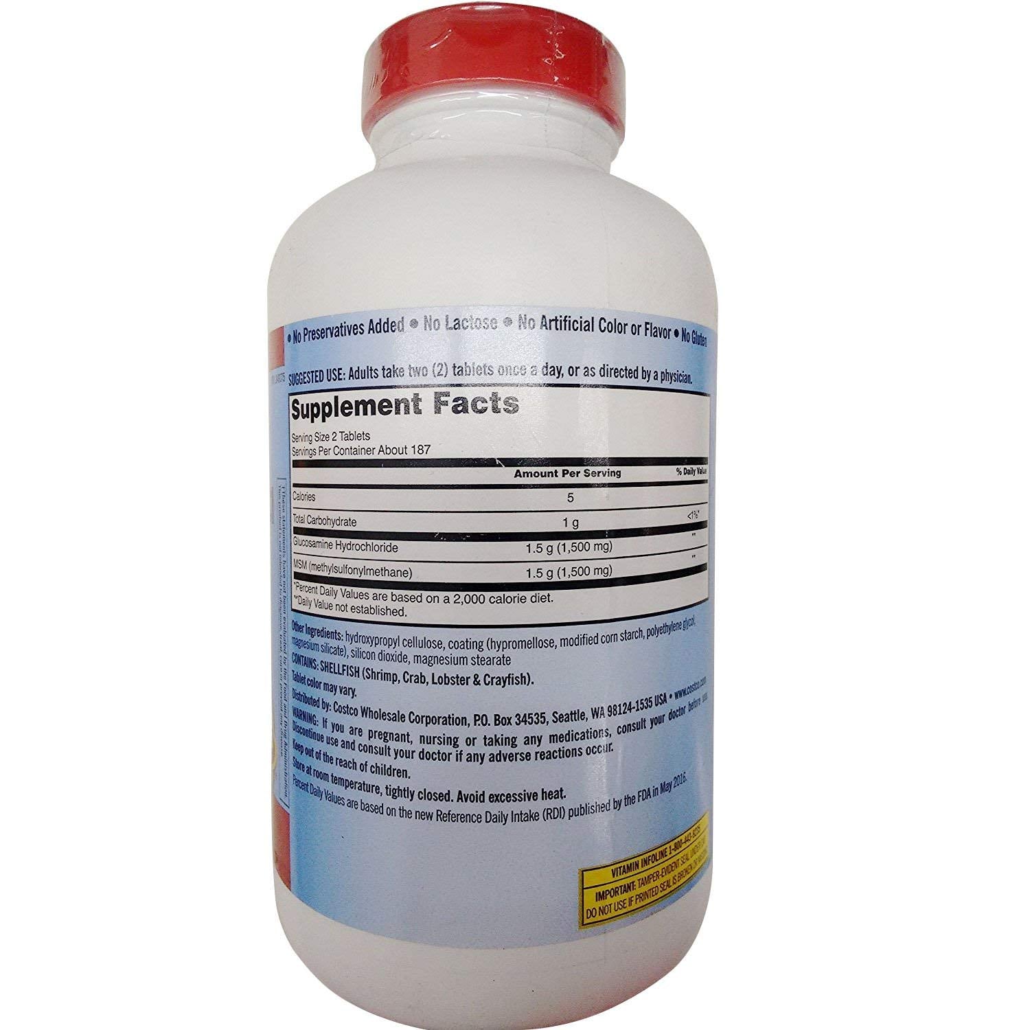 Supplement facts and ingredient label on the back of Kirkland Signature Glucosamine Hydrochloride 375 tablets package