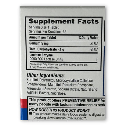 Lactose intolerance pills 32 count package details and ingredient profile instructions