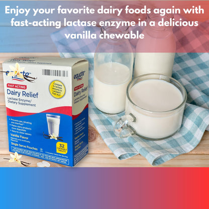 Vanilla flavored fast act dairy relief pills side view showcasing packaging layout